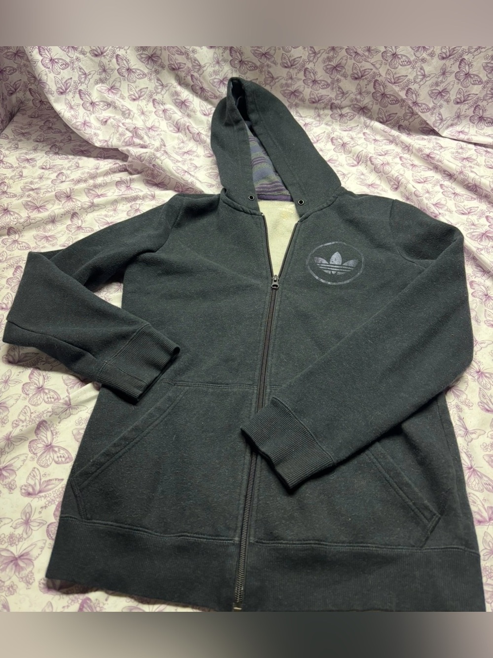 ⚛️adidas Charcoal Full-Zip Hooded Sweatshirt with Purple Trefoil Emblem